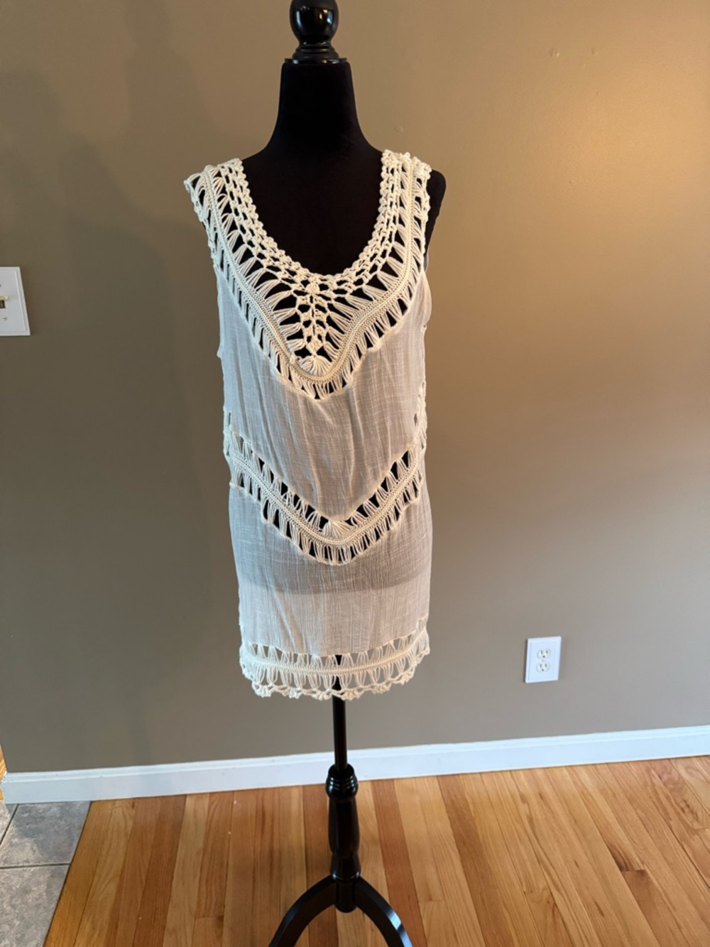 Cream Crochet-Trim Sleeveless Beach Dress